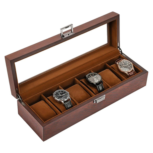 ProCase Wooden Watch Box for Men 6 Slot Watch Display Case Mens Watch Box Organizer Wood Watch Case for Men Watch Storage Watch Holder Organizer with Glass Lid -6 Slot Espresso